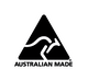 Black 'Australian Made' logo with a kangaroo on a white background